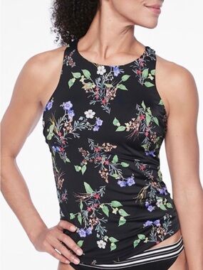 Athleta Maldives Tankini Swimsuit Top 38 B/C Gold Coast High Neck Floral Black M